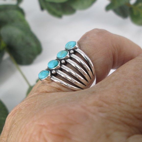 Genuine Turquoise Ring>925 Sterling 4 Stone Turquoise Ring,Stacked Turquoise - Picture 3 of 7